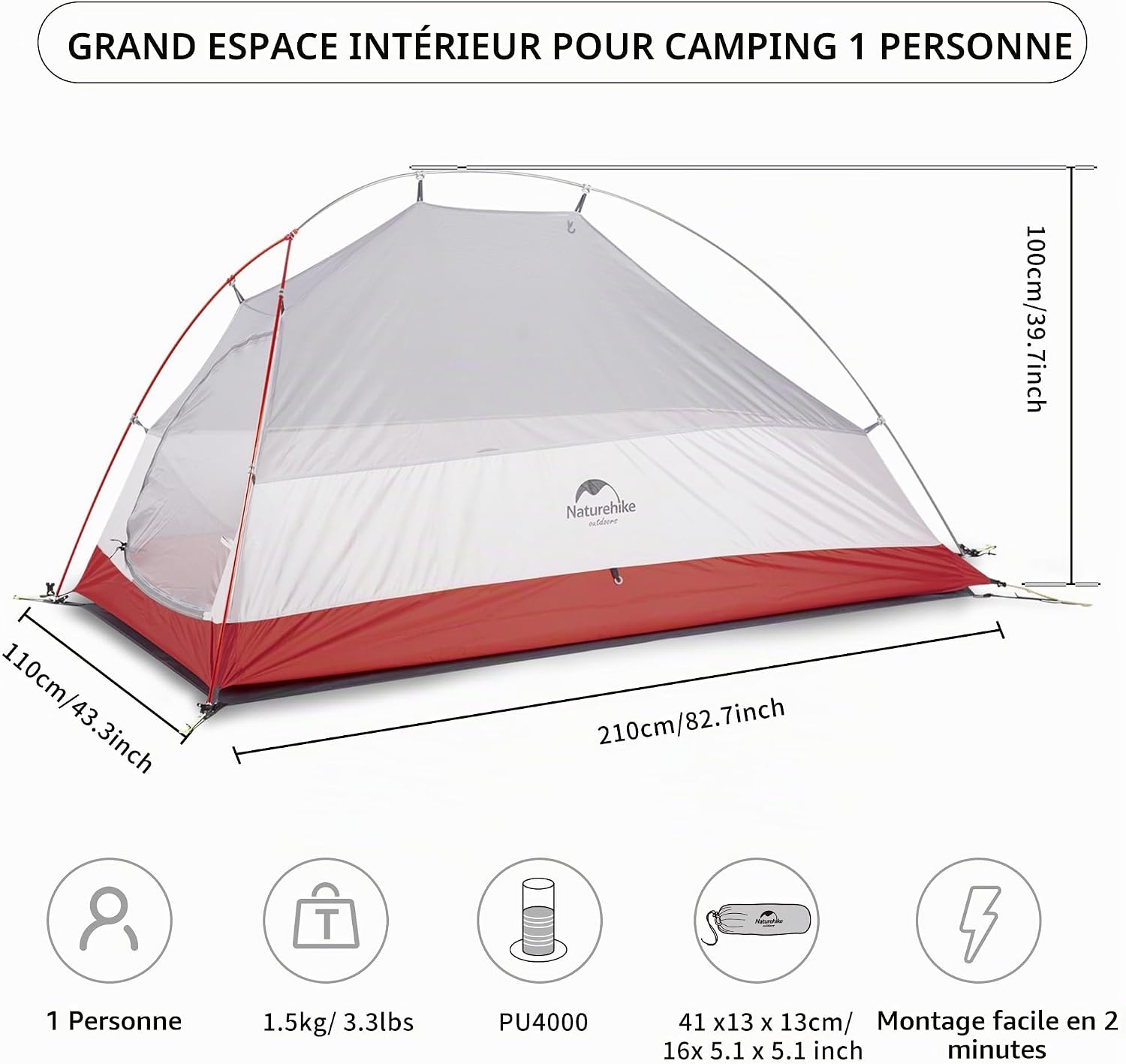 Cloud-up 1 Tente de Dôme de Randonnée Ultra Légère pour 1 Personne Autoportante Imperméable pour Camping Outdoor Cyclisme Moto 20D Gris