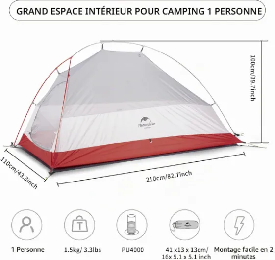 Cloud-up 1 Tente de Dôme de Randonnée Ultra Légère pour 1 Personne Autoportante Imperméable pour Camping Outdoor Cyclisme Moto 20D Gris