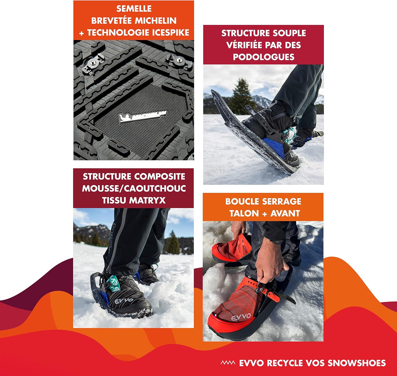 Originale - Raquette à Neige Made in France avec Semelles Cloutées Michelin®, Fixations Réglables, pour Homme et Femme avec Sac de Transport Inclus, Tout Terrain, Randonnée Neige Rouge/Noir M