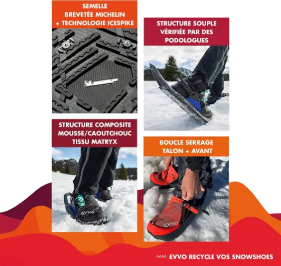 Originale - Raquette à Neige Made in France avec Semelles Cloutées Michelin®, Fixations Réglables, pour Homme et Femme avec Sac de Transport Inclus, Tout Terrain, Randonnée Neige Rouge/Noir M