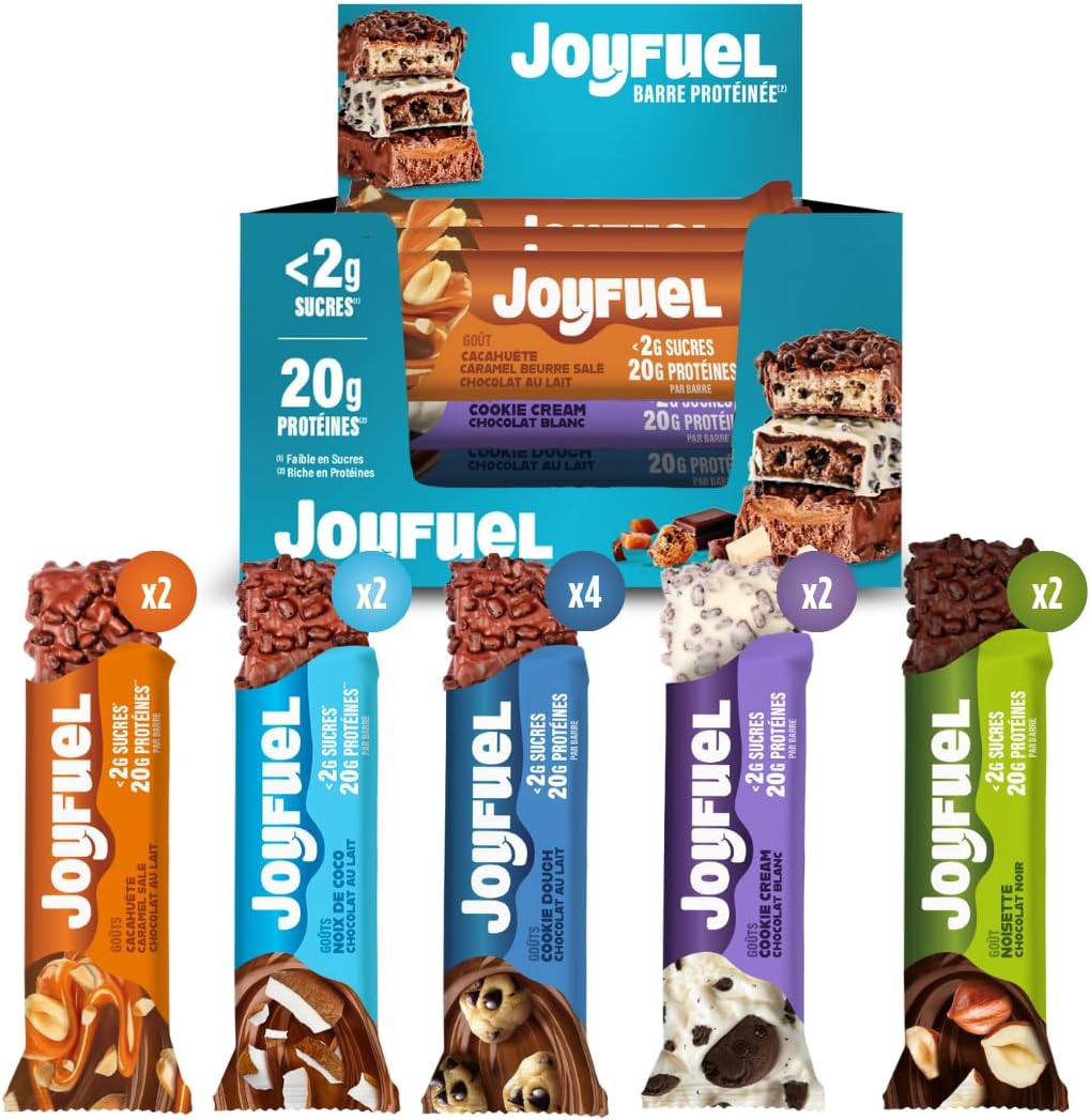 JOYFUEL Coffret panachée de 12 Barres Protéinées de 55gr -Découvrez l'assortiment des barres JOYFUEL au Chocolait au lait, noir ou blanc <2g de sucre - 20g de protéines