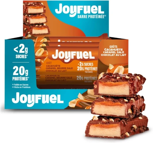 JOYFUEL Barre Protéinée - Goûts Chocolat au Lait, Cacahuètes & Caramel - <2g de sucre - 20g de protéines - 12 barres X 55g