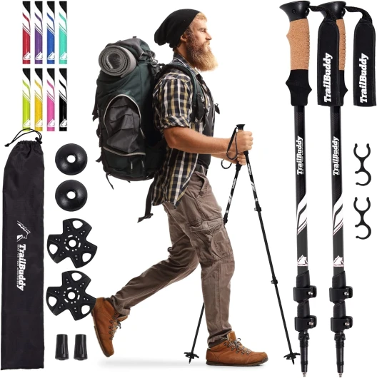 TrailBuddy Trekking Poles - Lightweight, Collapsible Hiking Poles for Snowshoe & Backpacking Gear - Pair of 2 Walking Sticks for Hiking, 7075 Aluminum with Cork Grip Black Raven