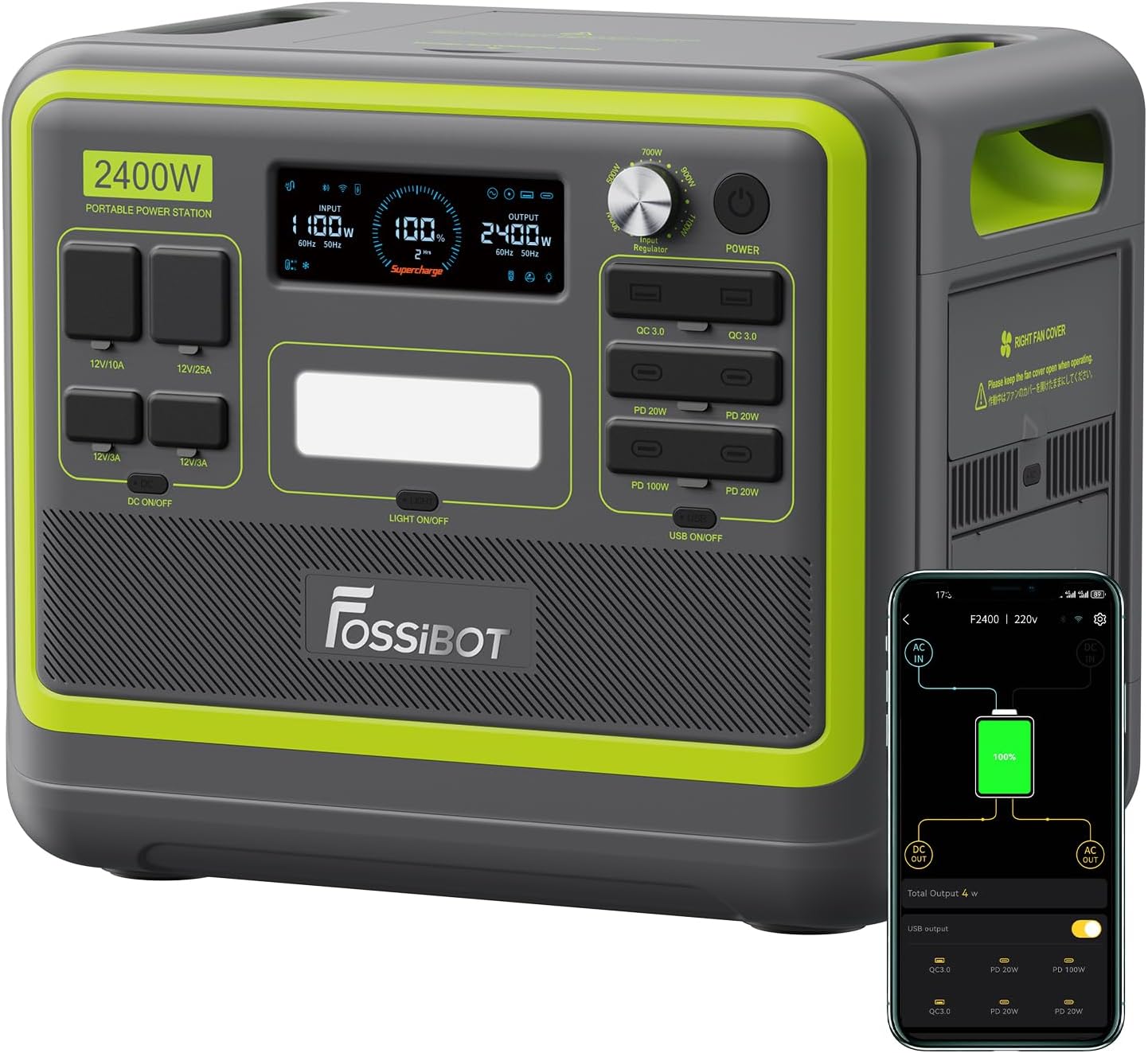 FOSSiBOT F2400 Generateur Electrique Portable, 2048Wh Batterie LiFePO4 Station Electrique, 3 Sorties CA 2400W (4800W Pic) 230V Groupe Electrogene Solaire pour Camping, Voyage Maison/Bureau F2400-grün
