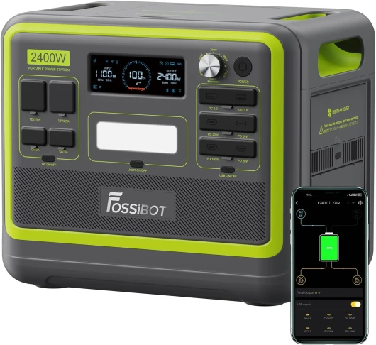 FOSSiBOT F2400 Generateur Electrique Portable, 2048Wh Batterie LiFePO4 Station Electrique, 3 Sorties CA 2400W (4800W Pic) 230V Groupe Electrogene Solaire pour Camping, Voyage Maison/Bureau F2400-grün