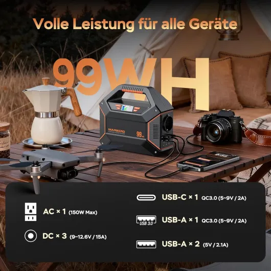 MARBERO Power Station 100W Batterie Externe 99Wh/27.000mAh Générateur Portable avec Prise EU Groupe Electrogene Silencieux, Lampe Torche SOS Pour Camping, Urgence Maison, Voyage & Bricolage Jaune Orange