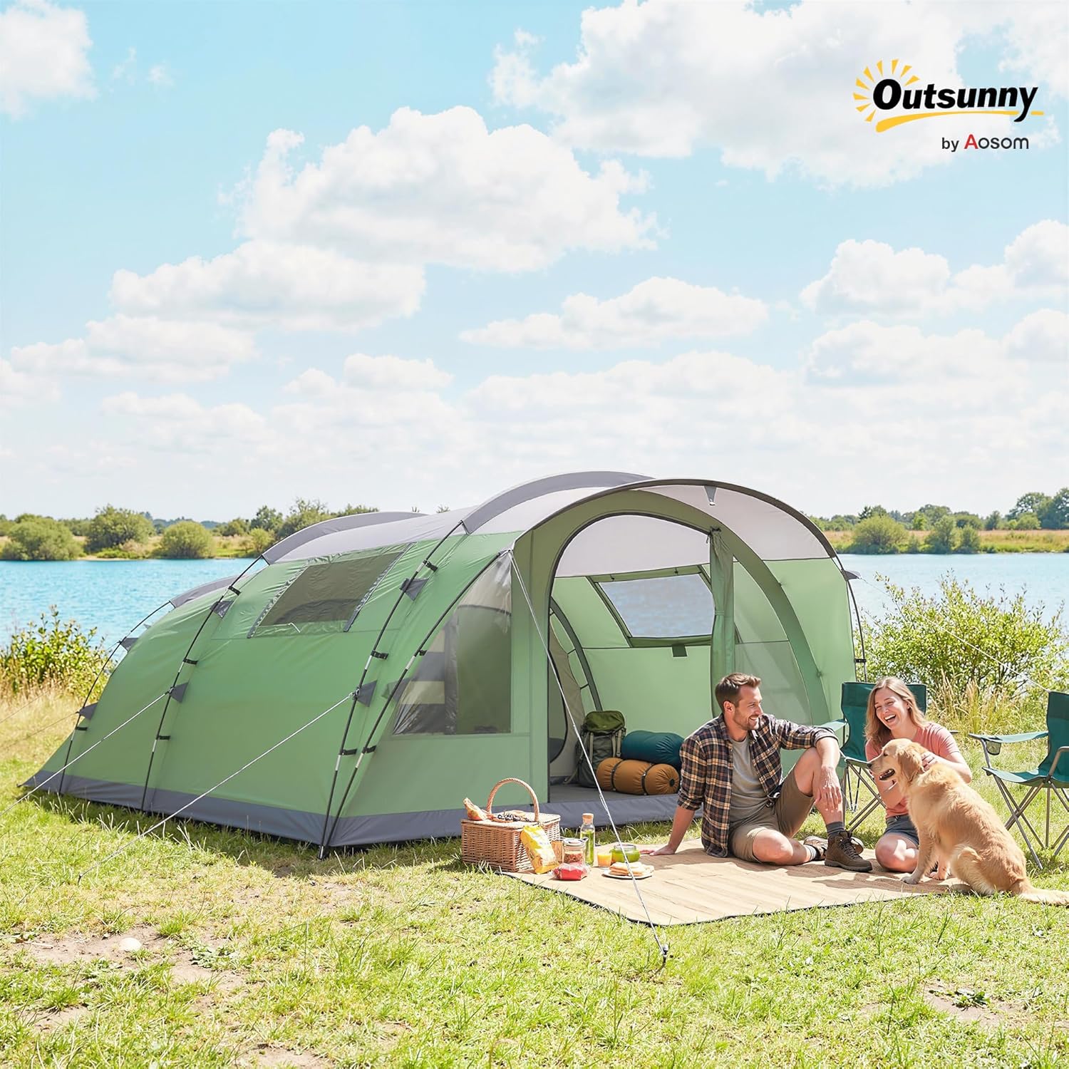Tente de Camping pour 5 Personnes, Tente Tunnel familiale légère ventilée étanche 3 000 mm Montage Facile, 4 fenêtres et Porche, Sac de Transport, pour randonnée Trekking pêche, Vert