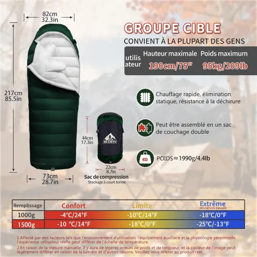 Sac de Couchage en Duvet pour Adulte, 680 FP, Sac de Couchage d'extérieur pour l'extérieur, Convient pour Le Camping, la randonnée et Les Voyages, Sac de Compression Inclus - Vert -10℃