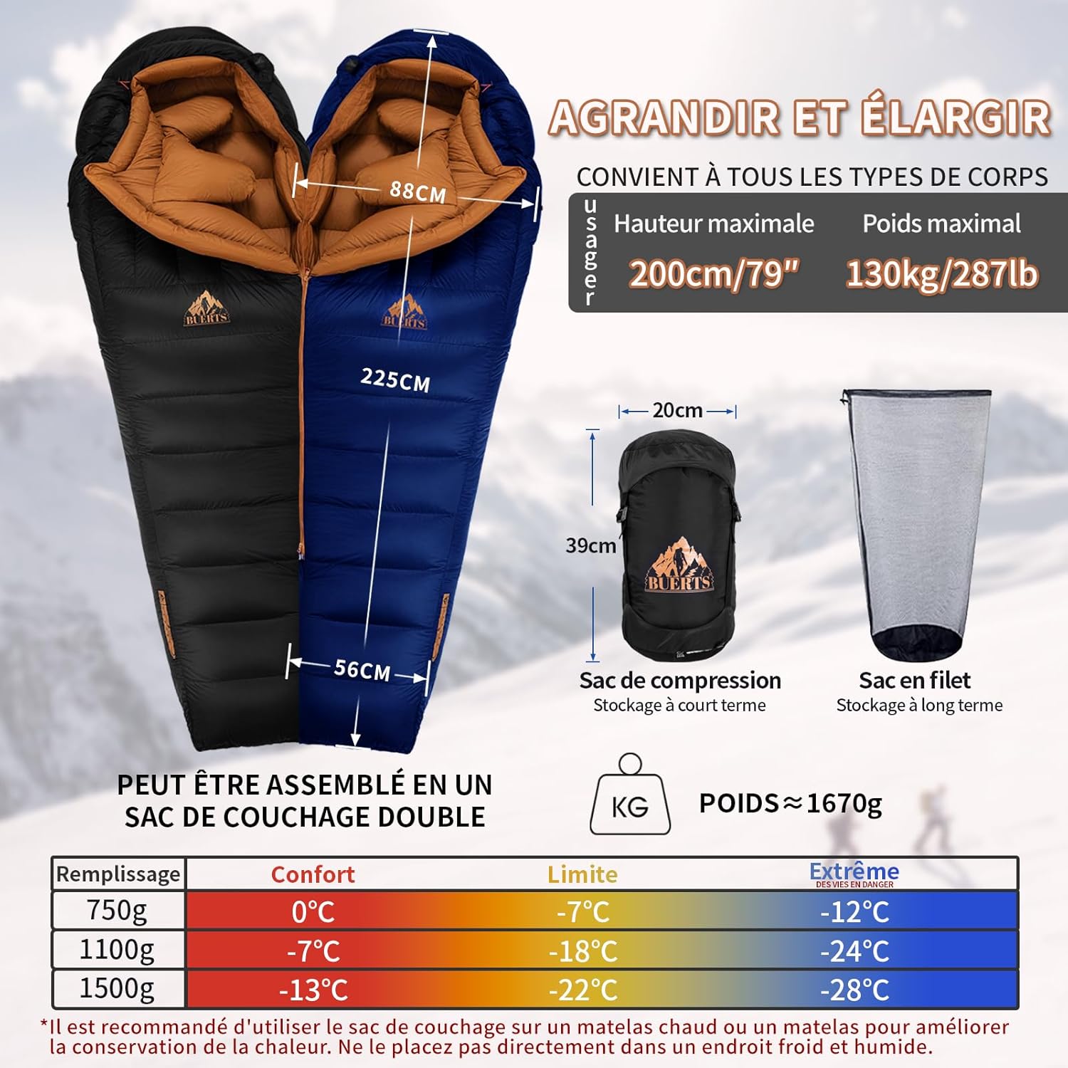 Sac de Couchage Duvet Hiver, XXL Adulte, 3 Saisons, Ultra-Léger, Idéal Camping, Randonnée, Backpacking et Survie en Plein Air Black -7°C