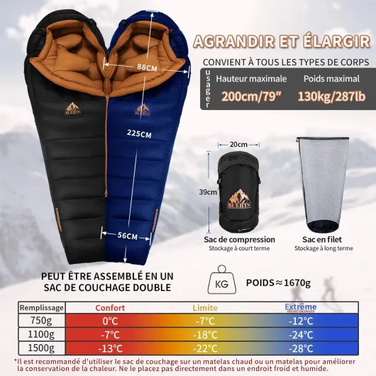 Sac de Couchage Duvet Hiver, XXL Adulte, 3 Saisons, Ultra-Léger, Idéal Camping, Randonnée, Backpacking et Survie en Plein Air Black -7°C