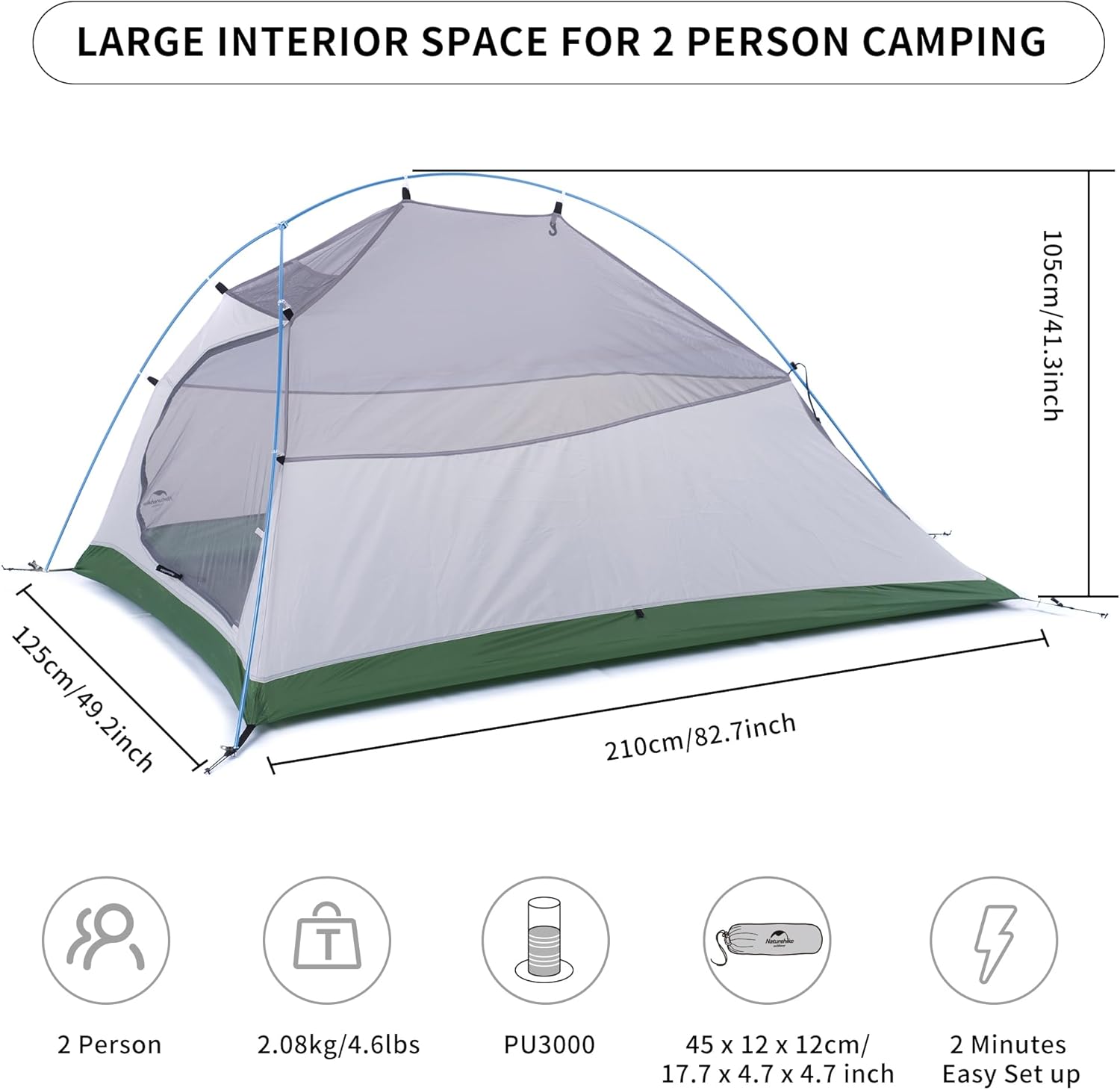 Tentes de Camping et Randonnée 2 Personne Ultra Légère Tente Facile à Installer Tentes Dôme Tente 4 Saison Imperméable Ventilée pour Pique-Nique Randonnée 210T Vert Amélioré