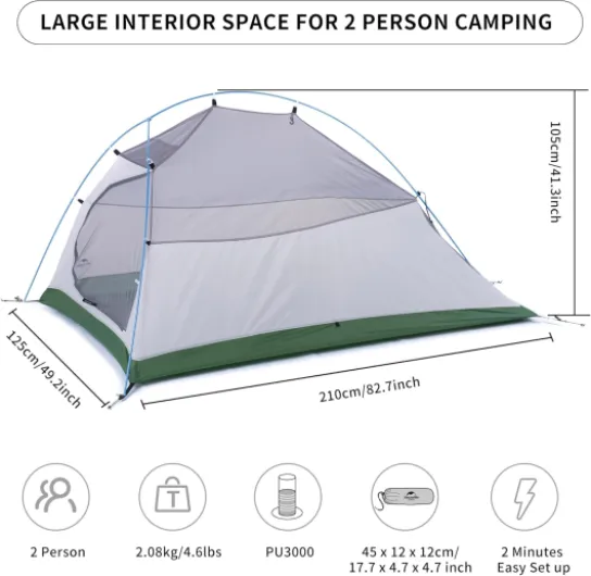 Tentes de Camping et Randonnée 2 Personne Ultra Légère Tente Facile à Installer Tentes Dôme Tente 4 Saison Imperméable Ventilée pour Pique-Nique Randonnée 210T Vert Amélioré