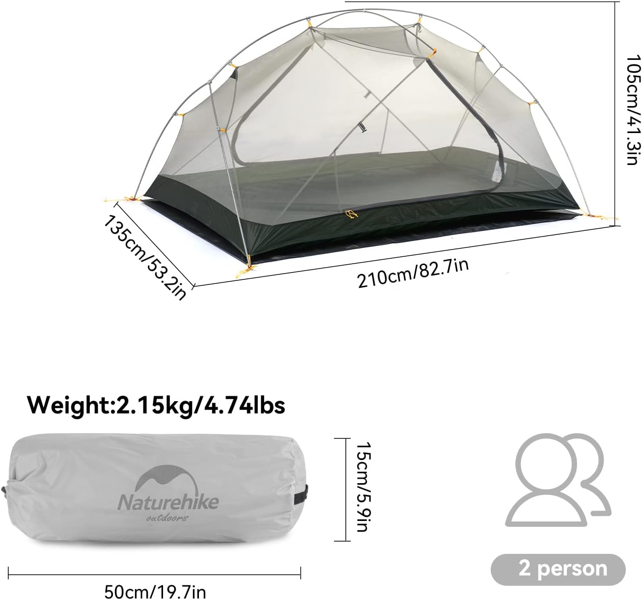 Mongar Tente de Camping Double Ultralégère en Silicone 20D pour 2 Personnes Gris 20D
