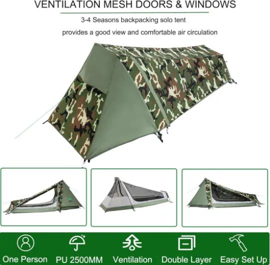 Tente de Randonnée Ultra Légère 1 Personne 3-4 Saison pour Camping Trekking d’Extérieur Camouflage 213×101×91 cm