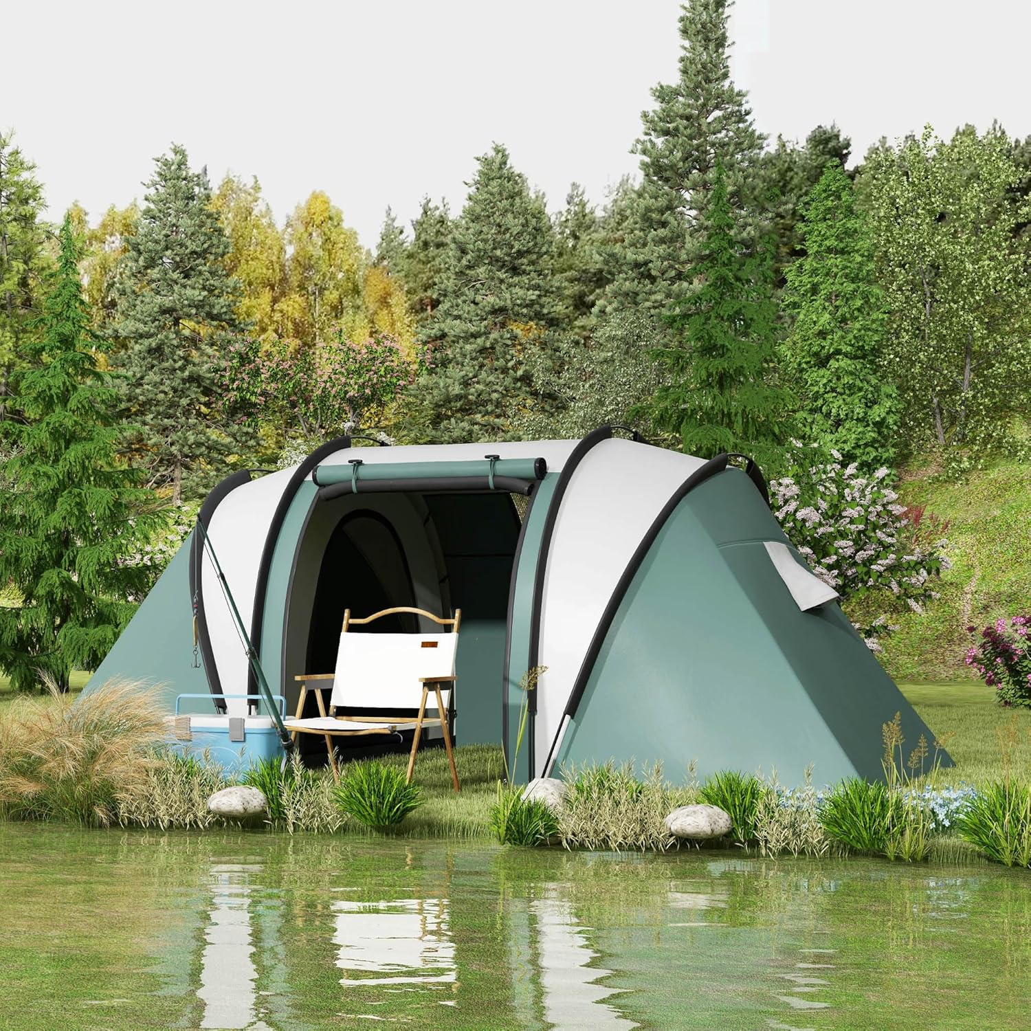 Tente de Camping familiale 4-5 Personnes avec 2 Chambres, 3000 mm imperméable et ventilée, Installation Facile, Tente de randonnée avec 3 Portes et fenêtres et Sac de Transport Vert