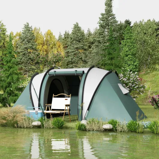 Tente de Camping familiale 4-5 Personnes avec 2 Chambres, 3000 mm imperméable et ventilée, Installation Facile, Tente de randonnée avec 3 Portes et fenêtres et Sac de Transport Vert