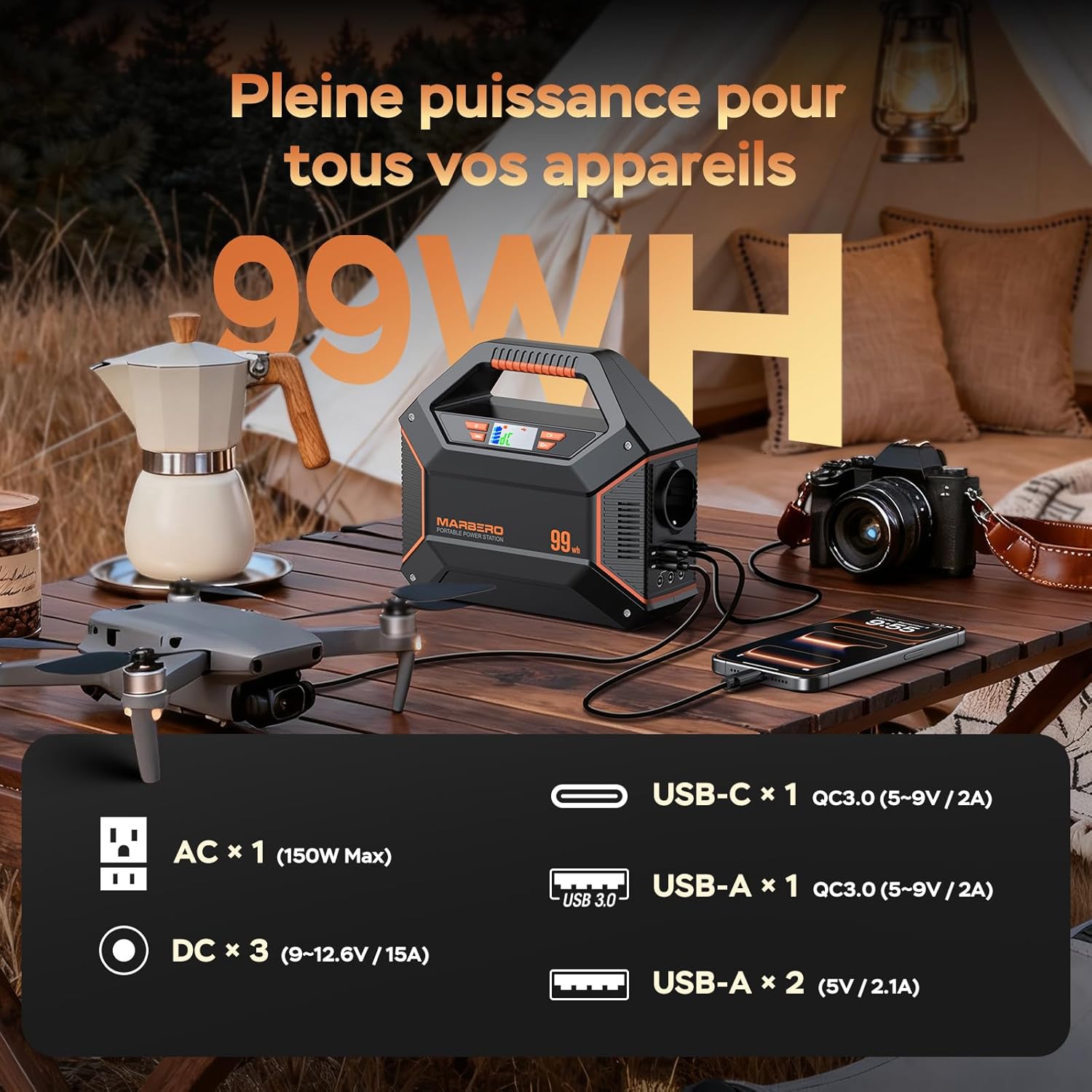 MARBERO Power Station 100W Batterie Externe 99Wh 27.000mAh avec Panneau Solaire Pliable 30W avec Prise EU Groupe Electrogene Silencieux, Lampe Torche SOS Pour Camping, Urgence Maison, Voyage Bricolage Jaune Orange Noir