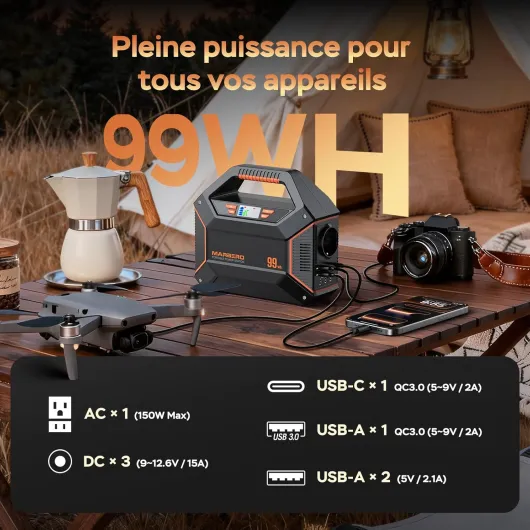 MARBERO Power Station 100W Batterie Externe 99Wh 27.000mAh avec Panneau Solaire Pliable 30W avec Prise EU Groupe Electrogene Silencieux, Lampe Torche SOS Pour Camping, Urgence Maison, Voyage Bricolage Jaune Orange Noir