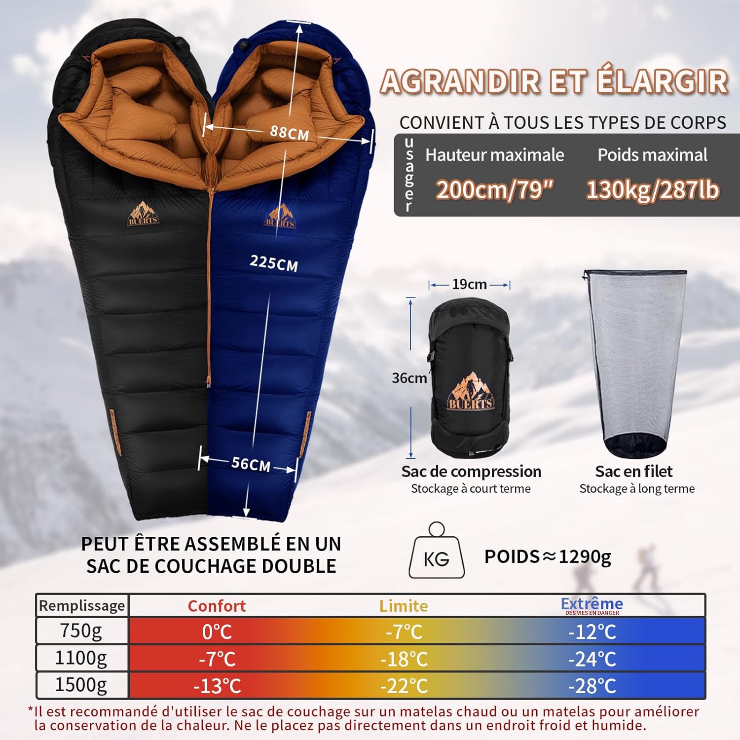 Sac de Couchage Duvet Hiver, XXL Adulte, 3 Saisons, Ultra-Léger, Idéal Camping, Randonnée, Backpacking et Survie en Plein Air Black 0°C