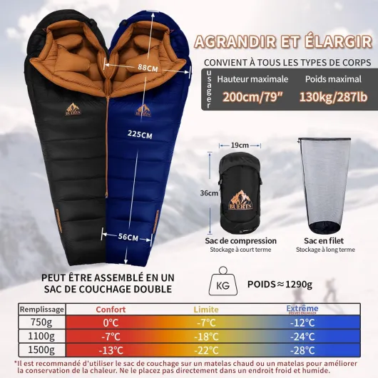 Sac de Couchage Duvet Hiver, XXL Adulte, 3 Saisons, Ultra-Léger, Idéal Camping, Randonnée, Backpacking et Survie en Plein Air Black 0°C