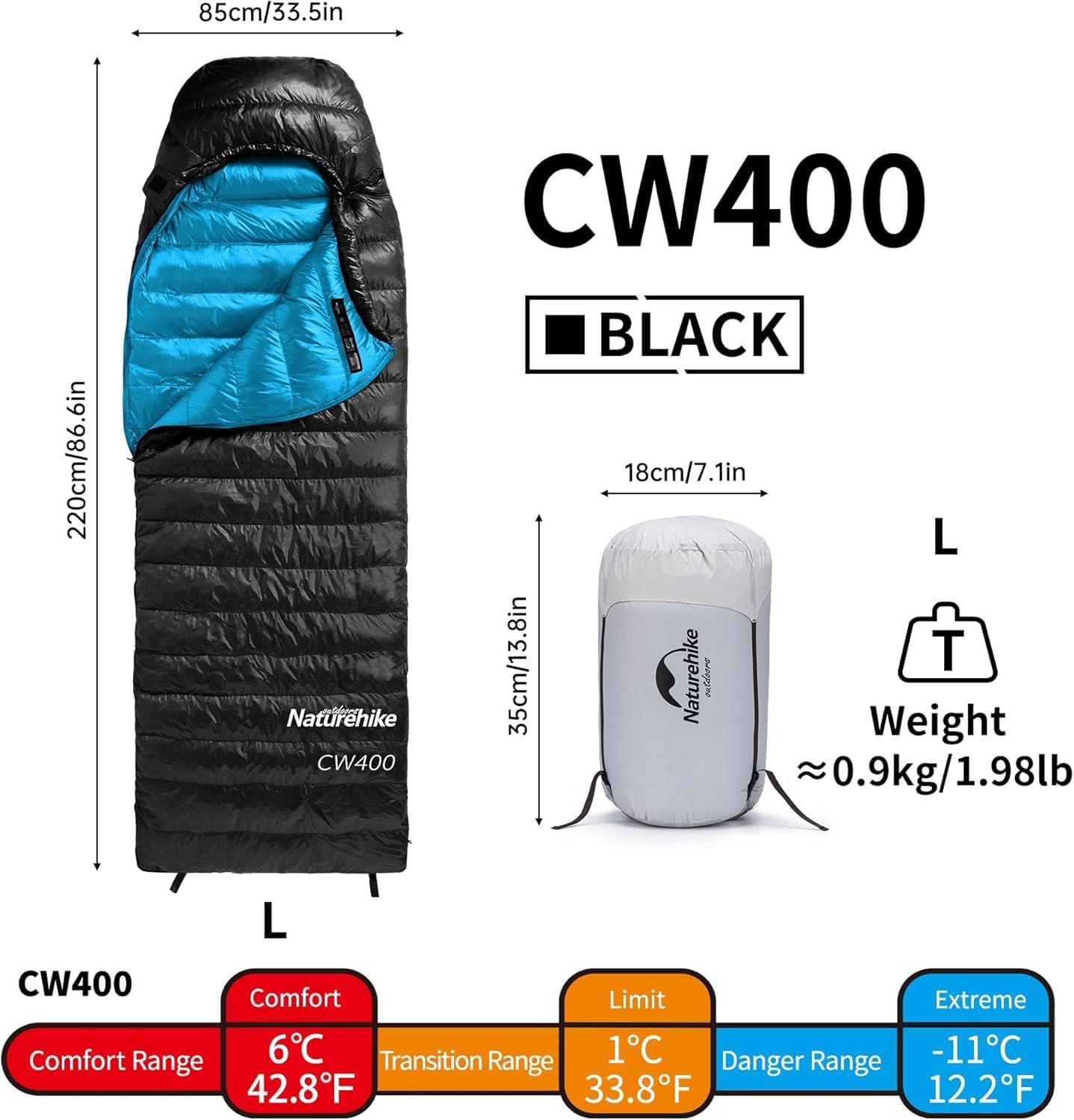CW400 Sac de Couchage en Duvet ultraléger Sac de Couchage de Camping Momie pour Adultes Pouvoir de Remplissage 650FP -11 ℃-6 ℃ avec Sac de Compression étanche adapté à la randonnée/Camping
