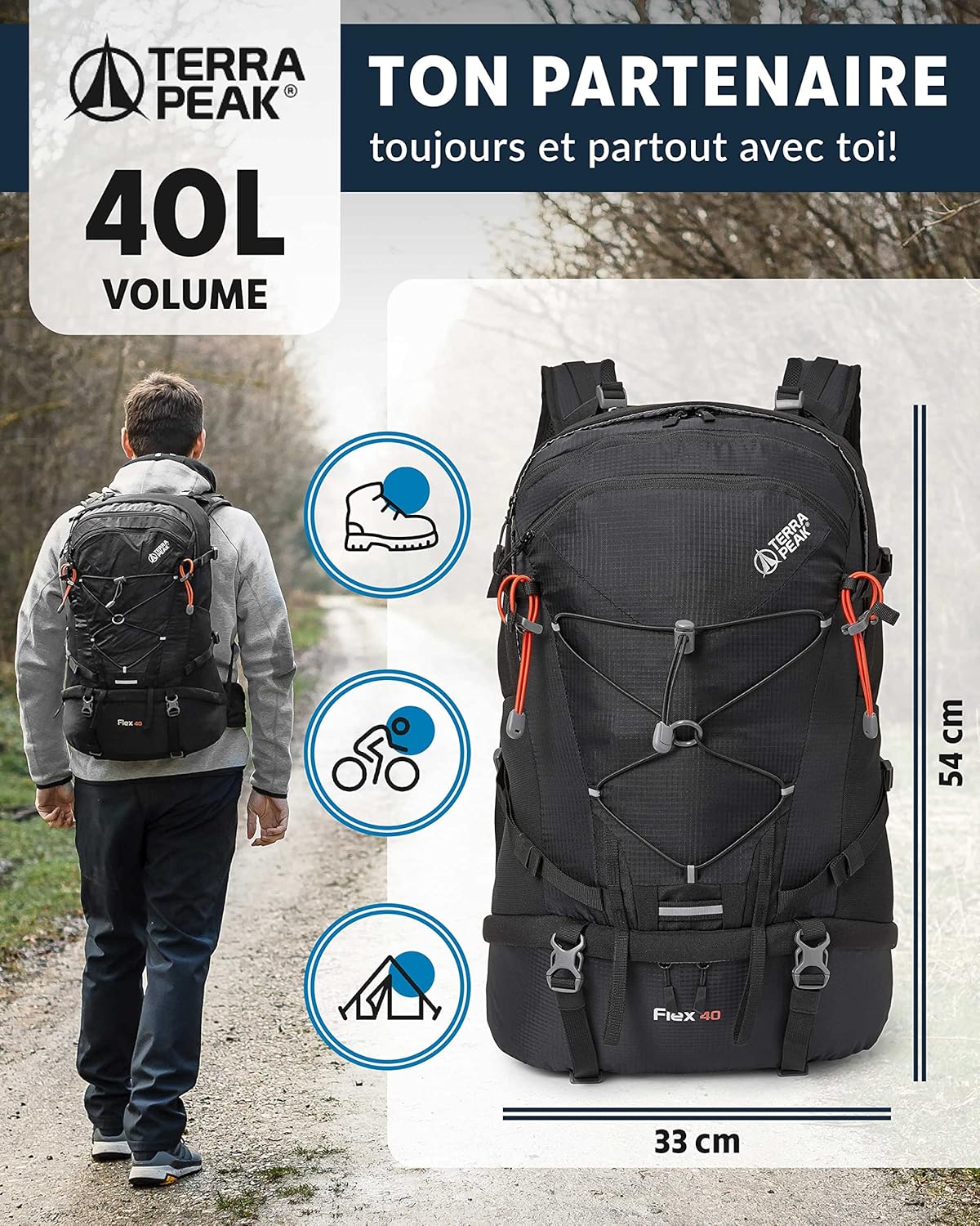 ® Sac à dos de randonnée 40L (FLEX 40) grand pour femme et homme - Sac a dos de trekking, chasse et voyage (respirant, imperméable) - Sac alpinisme, escalade et de jour (ergonomique) 40 Litres Noir