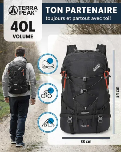 ® Sac à dos de randonnée 40L (FLEX 40) grand pour femme et homme - Sac a dos de trekking, chasse et voyage (respirant, imperméable) - Sac alpinisme, escalade et de jour (ergonomique) 40 Litres Noir