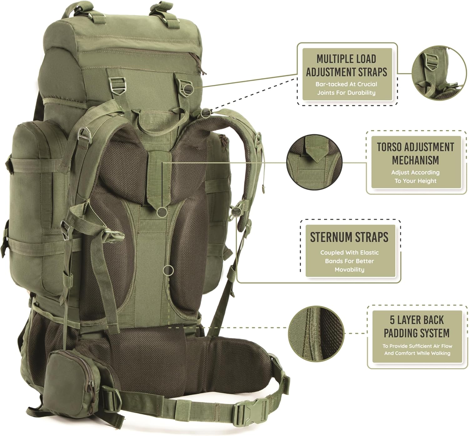 Sac À Dos À Cadre Interne De La Série Colonel - avec Sac À Dos Amovible Et Housse De Pluie 95 Litres Vert