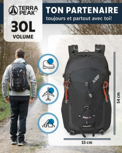 ® Sac à dos de randonnée 30L (FLEX 30) moyen pour femme et homme - Sac a dos de trekking, chasse et voyage (respirant, imperméable) - Sac alpinisme, escalade et de jour (ergonomique) 30 Litres Noir