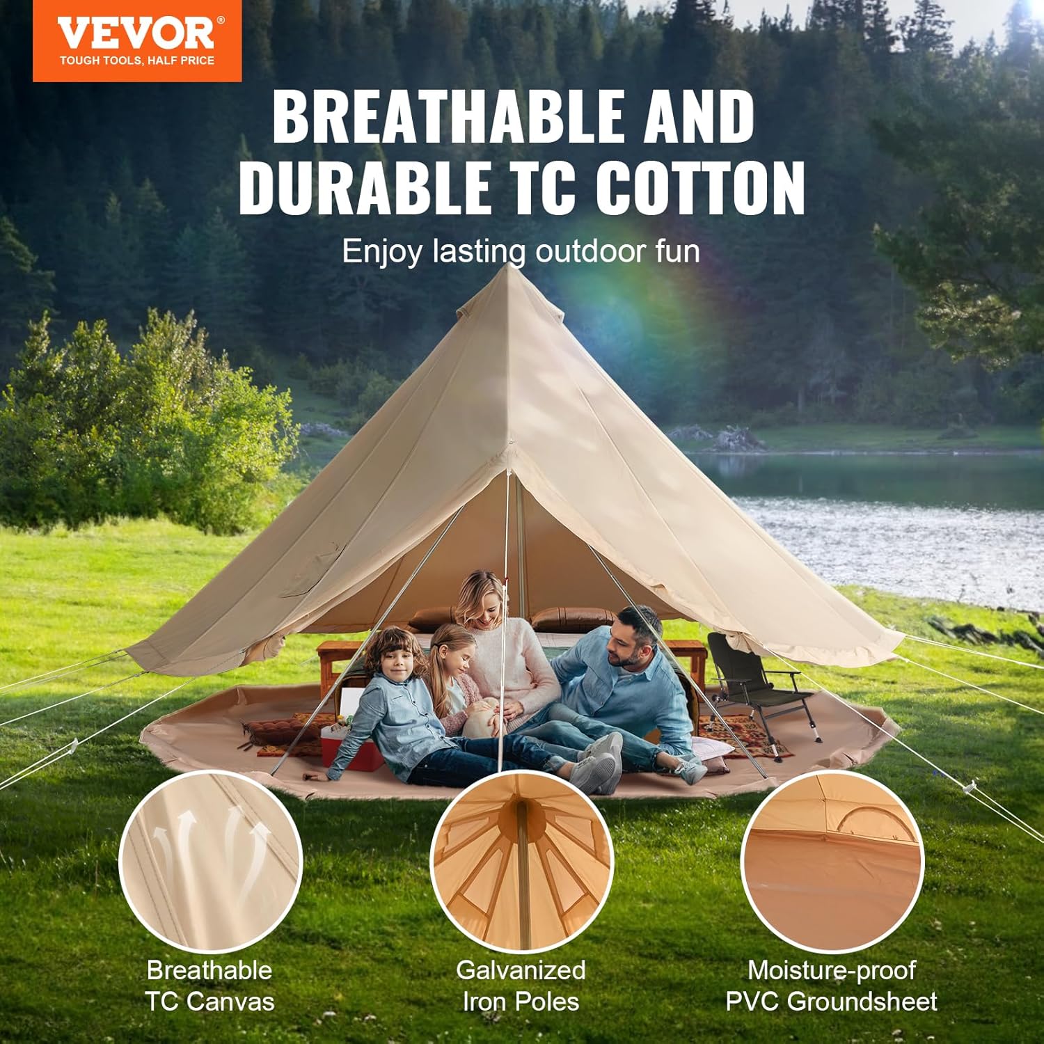 Tente Cloche en Toile Tente de Yourte 4 Saisons Tente de Camping Familial avec Trou de Poêle à Bois, Sacs de Rangement pour Glamping, Groupes en Plein Air, Fête, Chasse 3m