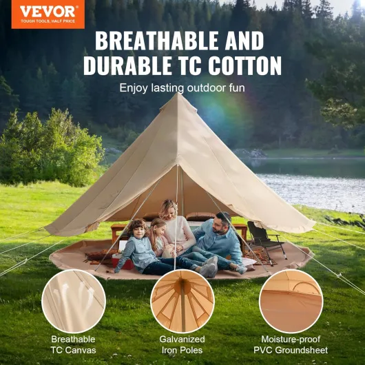Tente Cloche en Toile Tente de Yourte 4 Saisons Tente de Camping Familial avec Trou de Poêle à Bois, Sacs de Rangement pour Glamping, Groupes en Plein Air, Fête, Chasse 3m