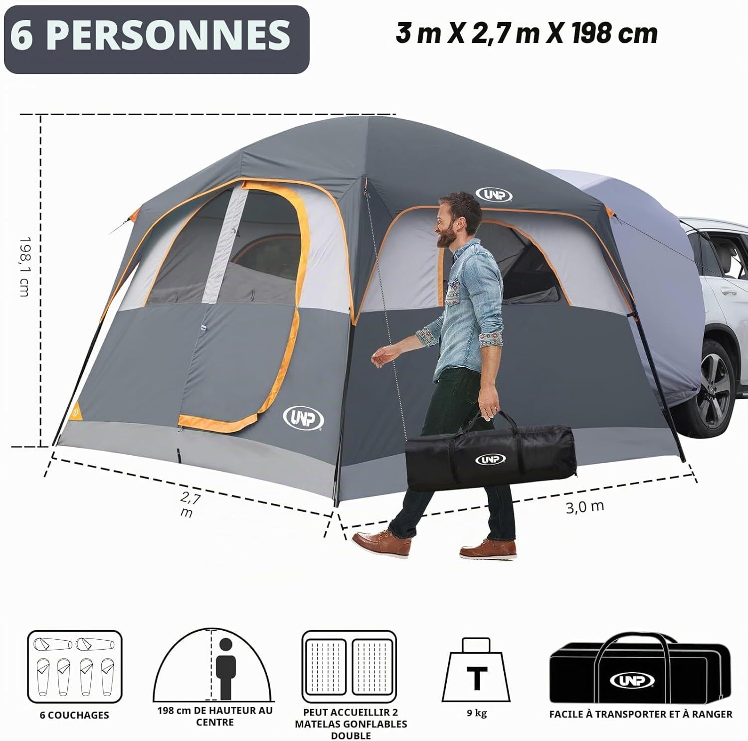 UNP Tente SUV pour Camping, 6 Personnes, Tente de hayon pour extérieur, Tent Facile à Installer avec Pare-Pluie, 3 x 2,7 x 2 m Gris