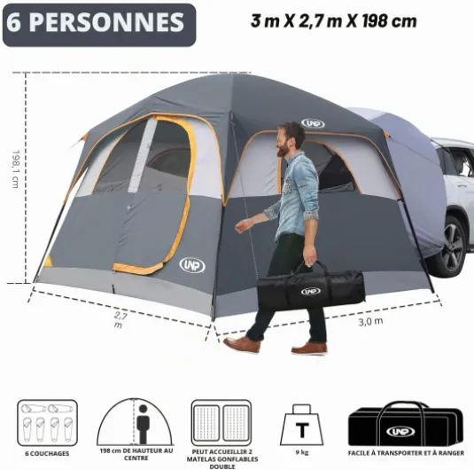 UNP Tente SUV pour Camping, 6 Personnes, Tente de hayon pour extérieur, Tent Facile à Installer avec Pare-Pluie, 3 x 2,7 x 2 m Gris