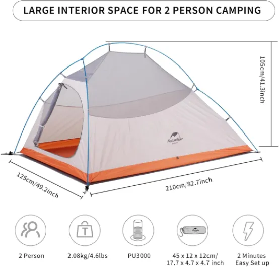Tentes de Camping et Randonnée 2 Personne Ultra Légère Tente Facile à Installer Tentes Dôme Tente 4 Saison Imperméable Ventilée pour Pique-Nique Randonnée 210T Orange Amélioré