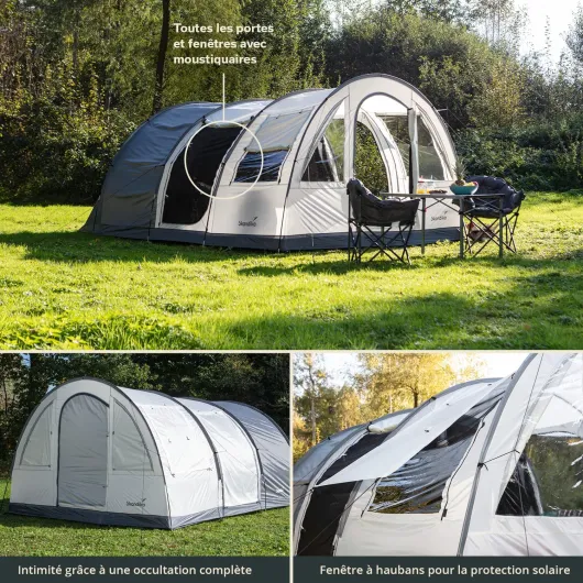Tente Tunnel Simo 4/5 Personnes - Familiale avec Tapis de Sol Cousu, Étanche, Colonne d'Eau 3000 mm, Cabine de Couchage Noire, 3 Entrées - Camping 4 personnes