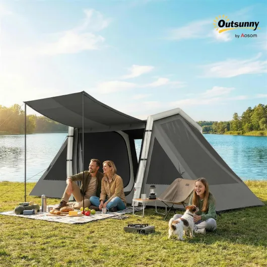 Tente Gonflable de Camping 4 Personnes Blackout - Tente à Air 5,8m de Long avec 2 Chambres et Séjour - Imperméable 3000mm avec Pompe, Auvent et Piquets Fluorescents, Gris Foncé