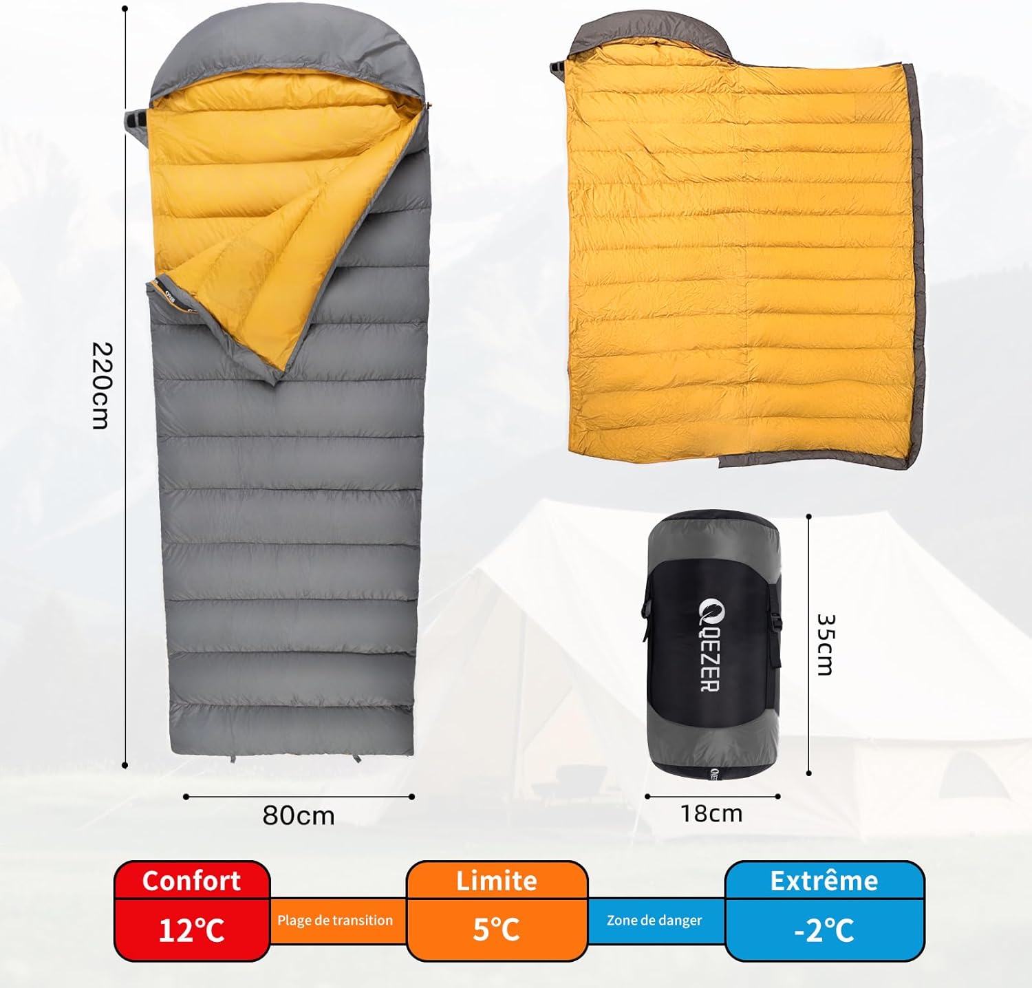 Sac de Couchage QEZER en Duvet pour Adultes, Indice de gonflement 620FP, 0 degré, ultraléger,Sac de Couchage Grand Froid, avec Pochette, pour randonnée, Camping et randonnée - Gris 500g duvet