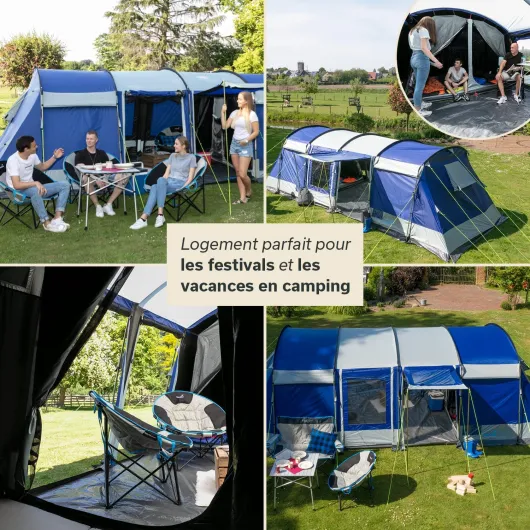 Tente Tunnel Montana 8 Personnes - Tente de Camping avec/sans Tapis de Sol Cousu, avec/sans Technologie Sleeper, 3-4 cabines de Couchage, 5000 mm (Bleu - Sleeper)