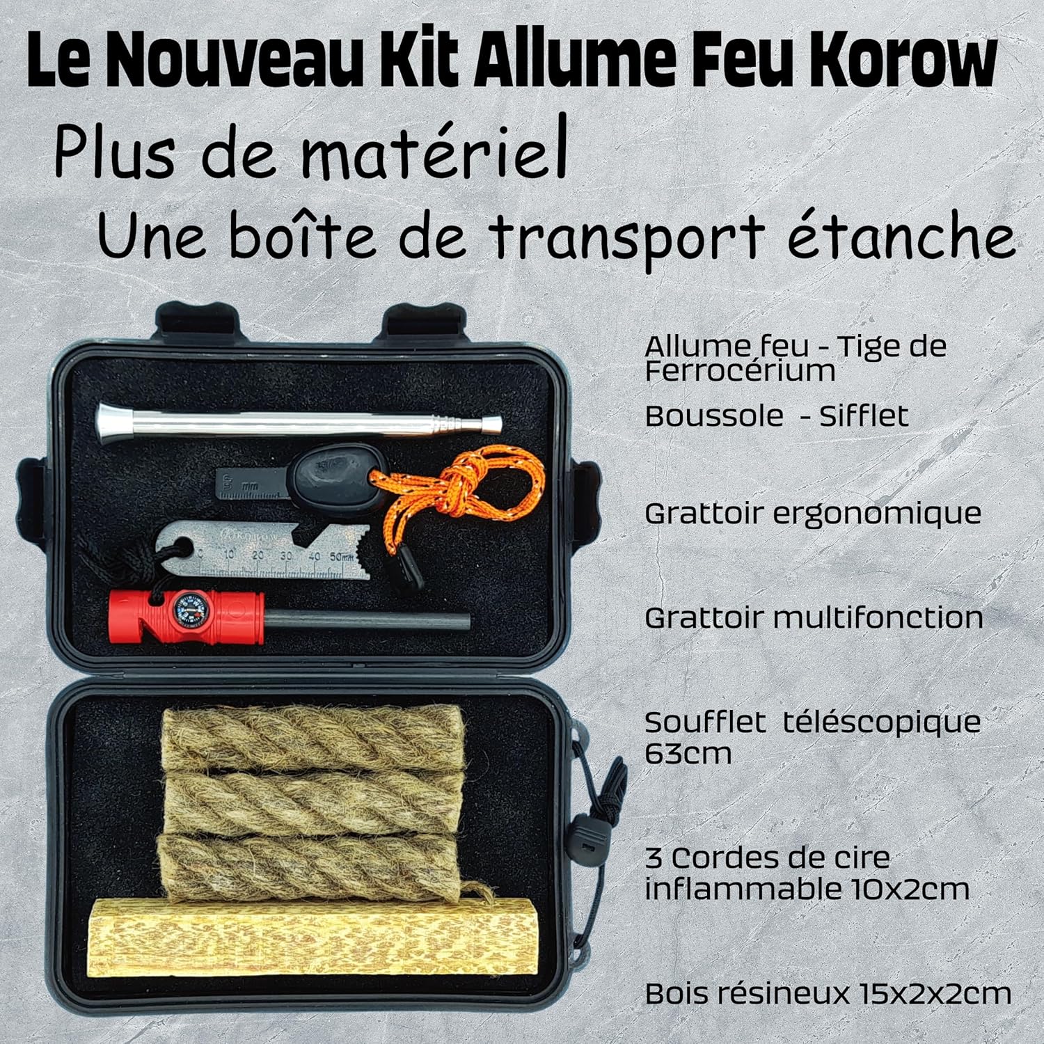Allume Feu de Survie + Soufflet INOX + Bois Résine + Corde Inflammable x3 + Boite Coffret Etanche Pierre à Feu Kit de Survie Firesteel Accessoire Camping Randonnée Survivalisme Outil Multifonction