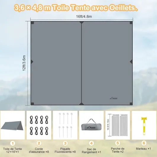 Bâche Anti-Pluie Plus Size, 3.6x4.8m Camping Bâche Rain Tarp, Toile de Camping avec Poteaux, Toile de Tente Imperméable et Légère, pour lRandonnée, Extérieures, Pique-Nique (Gris) Gris 3.6x4.8m