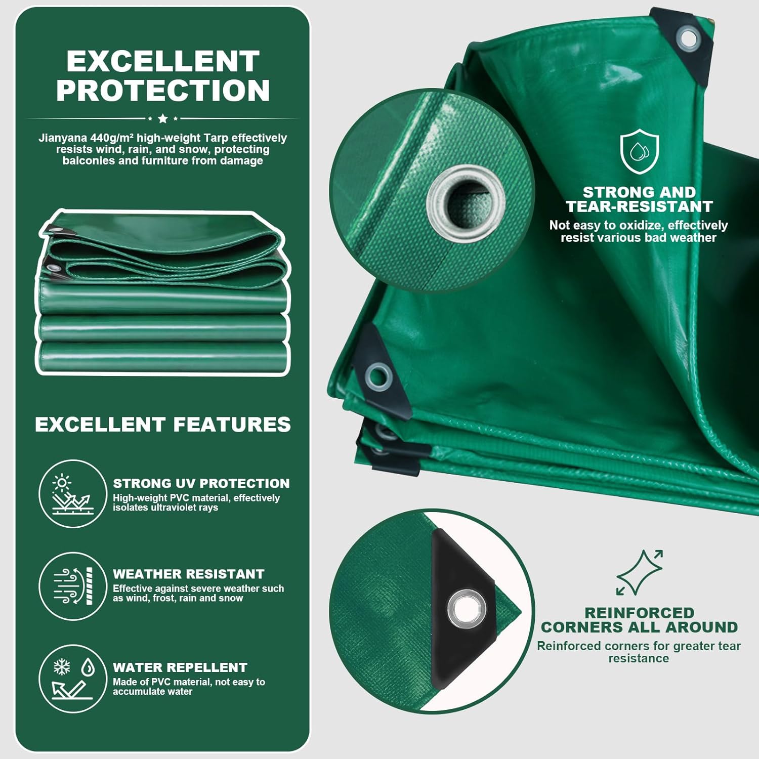 Baches imperméables pour Exterieur, 440 g/m² PVC bache de Protection Exterieur avec œillets renforcés pour Meubles, Vert (2 x 3 m) Vert 2 x 3m