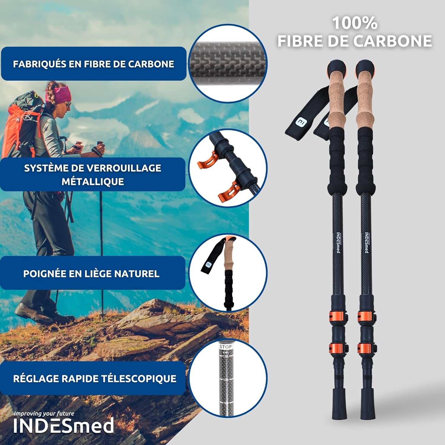 Bâtons de randonnée télescopiques 100% Carbone – Antichoc, antidérapant – Bâton de Marche Nordique Pliable avec Fermeture Rapide - 8 Accessoires Tout-terrains – Poles Trekking Noir
