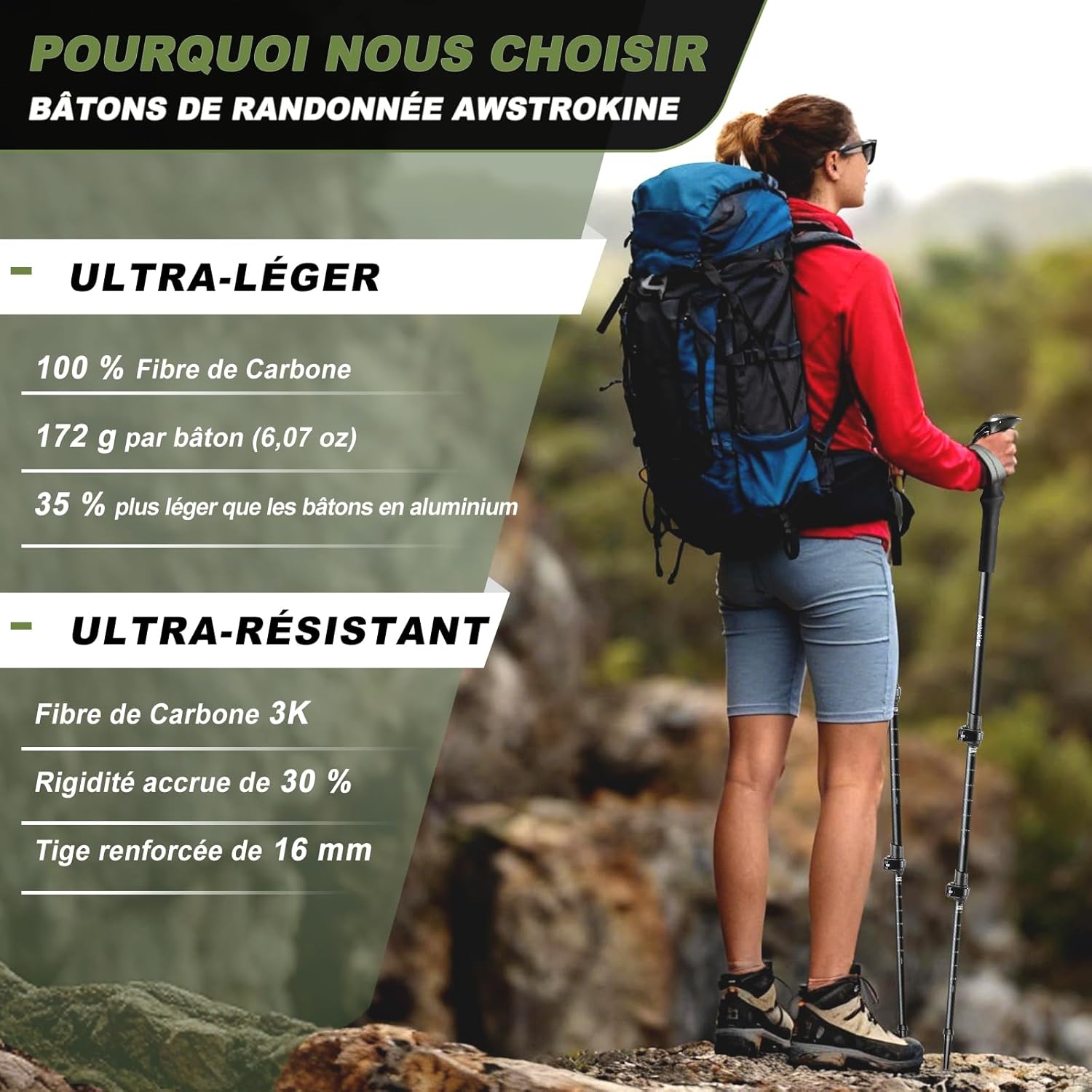 Lot de 2 Bâtons de Randonnée 100% Fibre de Carbone - Trekking Ultra Légers et Robustes avec Fermeture Rapide - Accessoires Tout-Terrain pour Hommes et Femmes Set EVA