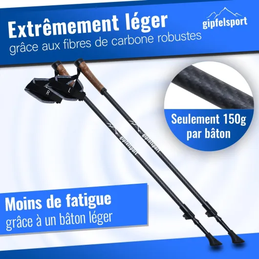 Gipfelsport Bâtons de marche nordique en carbone et aluminium – Bâtons de marche télescopiques réglables - Bâtons de marche nordique pour homme et femme - Bâtons de marche réglables de 77 cm à 120 cm charbon