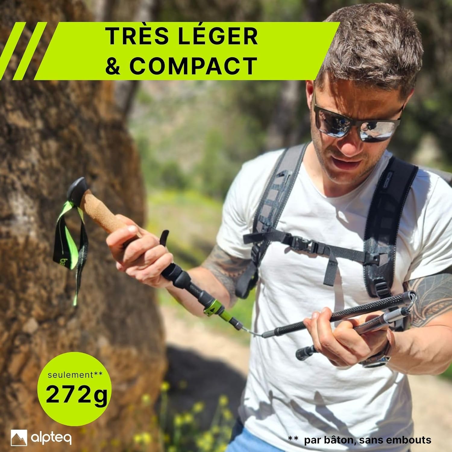 Bâtons de randonnée Pliables en Carbone avec poignée en liège - Bâtons de Trekking pour Sports de Montagne - Bâtons de Marche Nordique pour Homme et Femme - Extra léger et télescopique Aluminium 115-135 cm - Vert citron