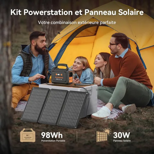 MARBERO Station Électrique Portable 98Wh avec Panneau Solaire Pliable 30W Générateur Solaire 26.400mAh Batterie Externe avec Sorties CC pour Road Trip Aventure Camping Maison Orange Noir
