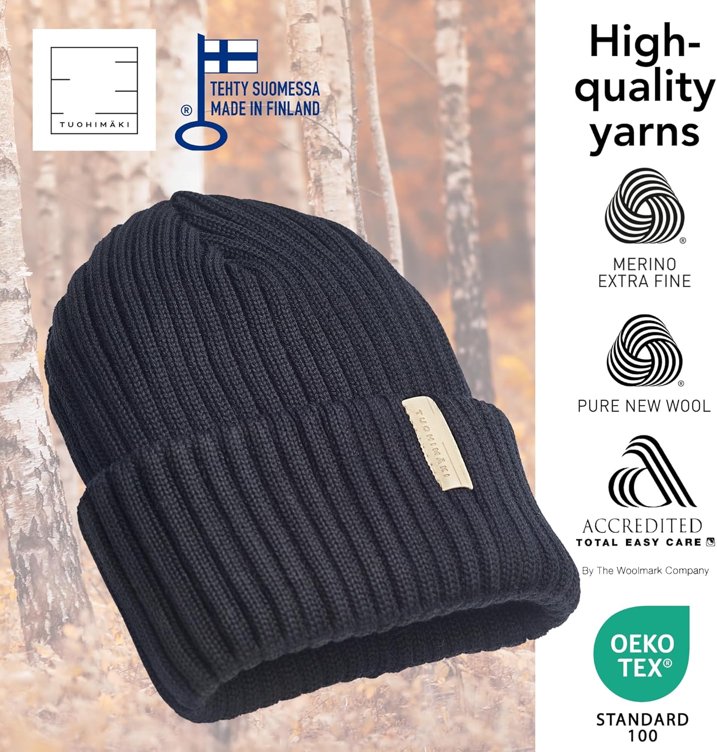 Kustavi Bonnet en Laine mérinos pour Homme et Femme - Bonnet Classique - Fabriqué en Finlande - Variation Couleur Noir