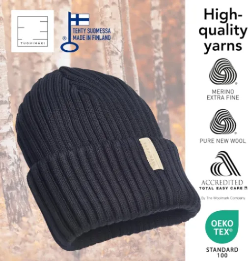Kustavi Bonnet en Laine mérinos pour Homme et Femme - Bonnet Classique - Fabriqué en Finlande - Variation Couleur Noir