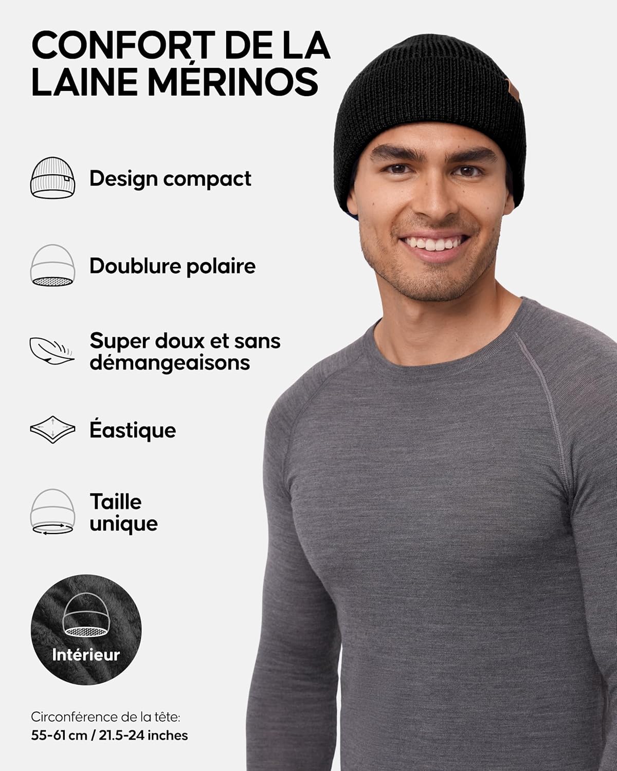 Bonnet en Laine mérinos Chaud doublé Polaire pour l'automne et l'hiver, pour Hommes et Femmes, Bonnets Thermiques Noir