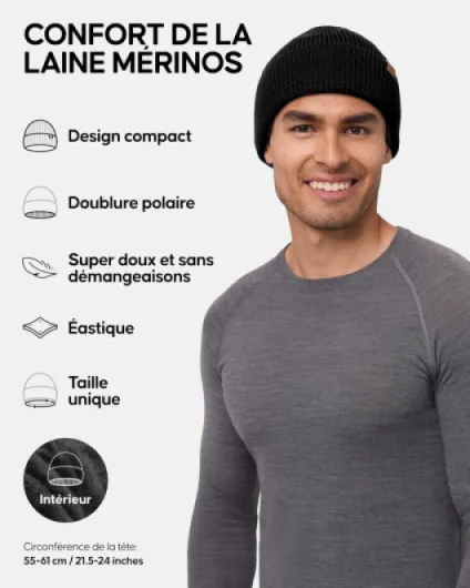 Bonnet en Laine mérinos Chaud doublé Polaire pour l'automne et l'hiver, pour Hommes et Femmes, Bonnets Thermiques Noir